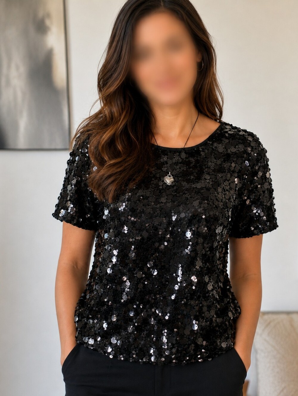 Nine West Black Sequin Short Sleeve Top with Bow Back